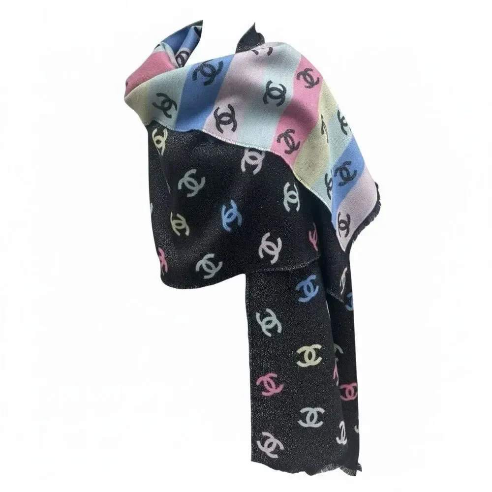 NWT Chanel Rainbow Shine Reversible CC Logo Cashmere Wool Silk Wrap Scarf 2024